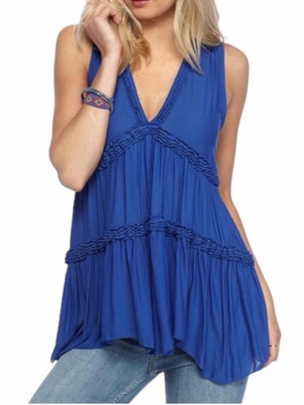 Free People Haze Blouse Blue Tiered Boho Size XS V Neck Womens Beach Tunic